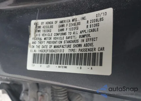 2013 Honda Accord Lx из США, поврежденный, VIN 1HGCR2F38DA251513